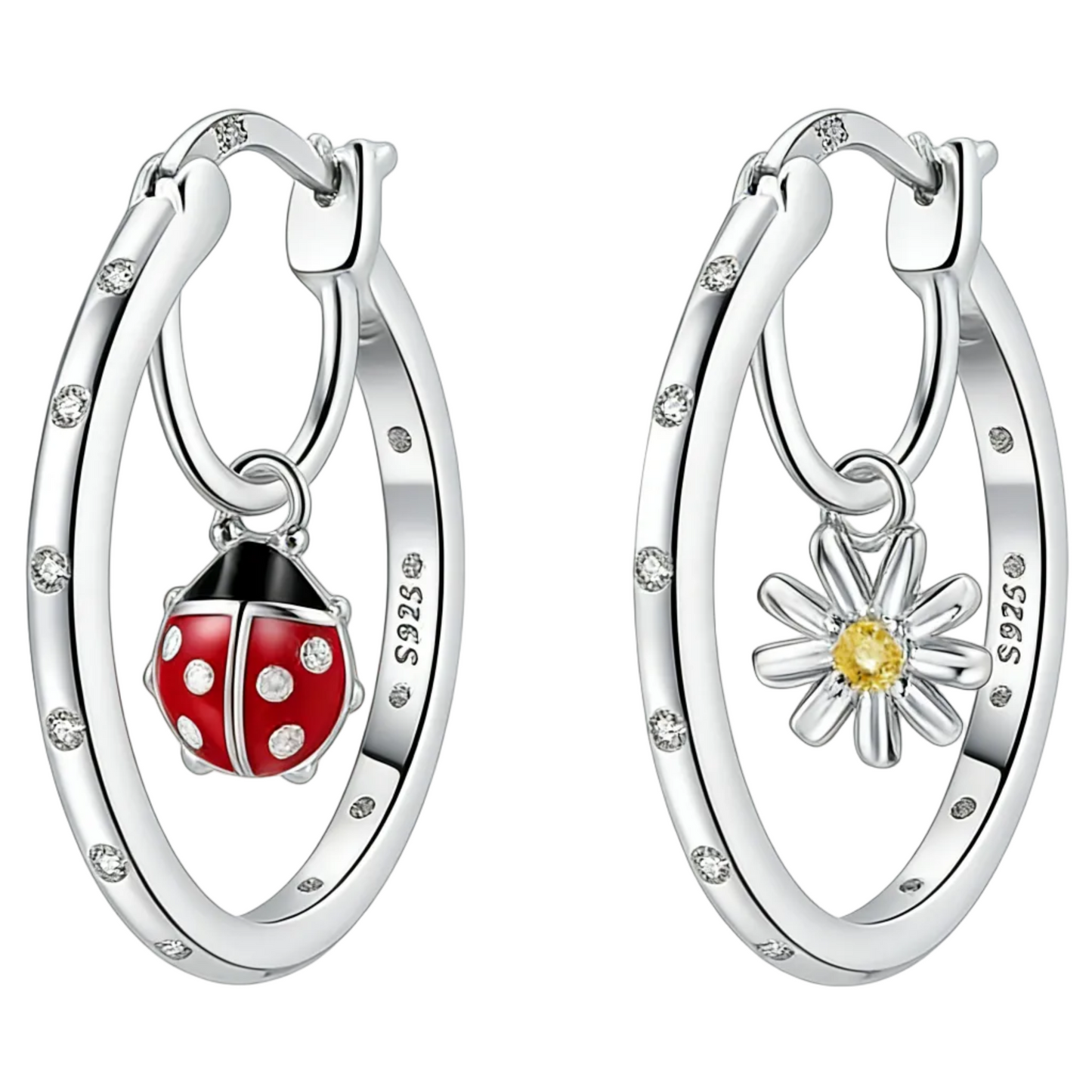 ElaraBond Jardin Ladybug & Daisy Silver Hoops